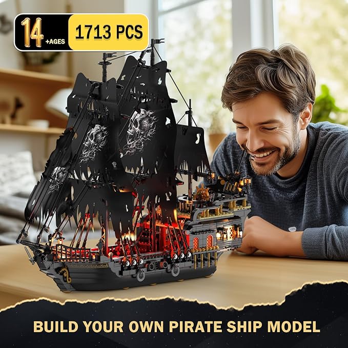 JMBricklayer Pirate Ship Building Toys with Lights Pearl Pirate Ship Model Boat Kit 40002 Black Ship Toy Building Sets for Adult Teens 14+ Home Office Decor Valentines Gifts(1713 PCS) New Upgrade