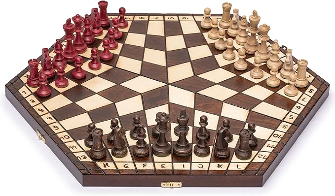 Husaria Wooden Three-Player Chess Game Set - 21 Inches - with Foldable Board Handcrafted Playing Pieces and Felt-Lined Storage