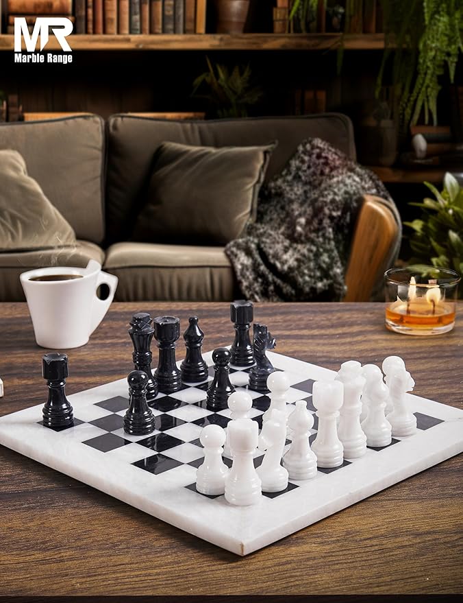 Marble Chess Set for Adults 12 Handmade White &amp Black Board Game with 32 Chess Pieces 2 Extra Queens &amp Storage Box Luxury Travel Game Elegant for Home Decor