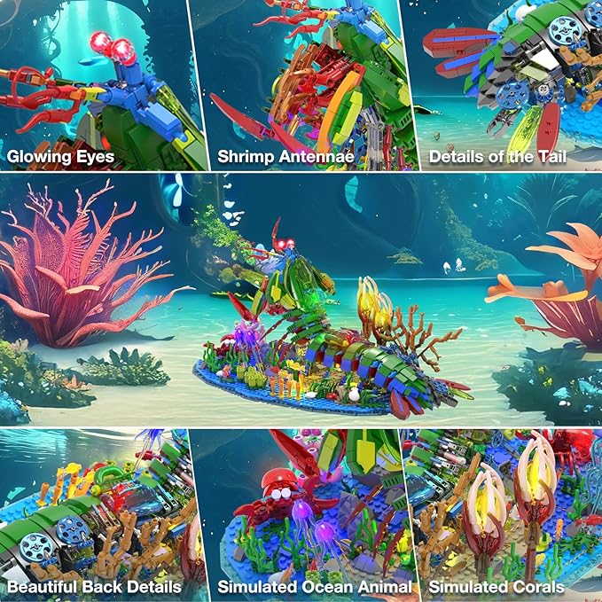 JMBricklayer Mechanical Mantis Shrimp Building Blocks Set with LED Lights Sea Creatures Ocean Animal Model Building Toys with Jellyfish Crabs Coral Reef Sea Creative Display Gift for Adults Kids 14+