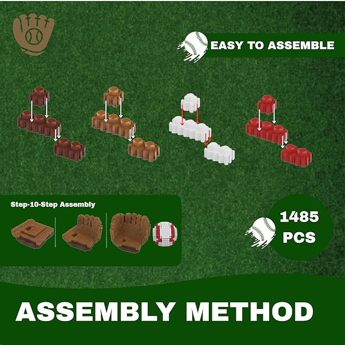 Baseball 3D Building Block Set - Ball and Gloves - Educational Toy - Perfect for Ages 14 15 16 Years and Above - Challenging Creative Fun and Skill-Building - 3D Instruction (1485 PCS)