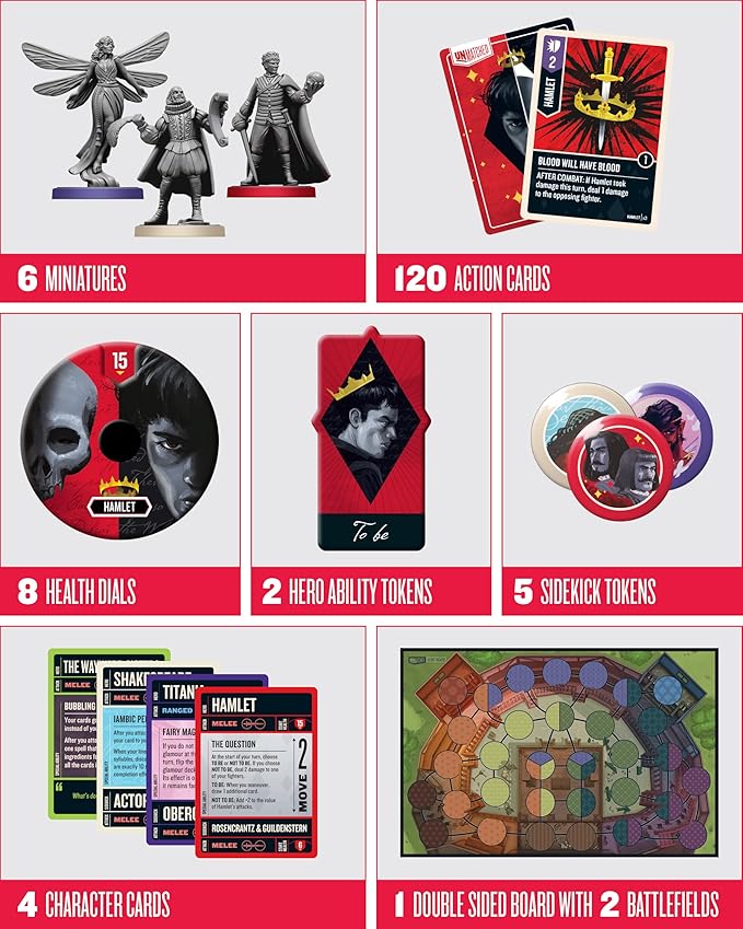 Restoration Games Unmatched Slings and Arrows - Strategy Board Game for 2 to 4 Players - Shakespeare Heroes Expansion with Globe Theatre Battlefield - 30 Min Playtime - Ages 9+