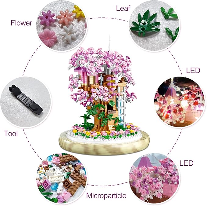 Cherry Blossom Bonsai Tree House Building Flowers Set for Adults 1382 Pcs Micro-Particle Ideas Sakura Tree Building Blocks Complete with String Lights Dust Cover and Wooden Base