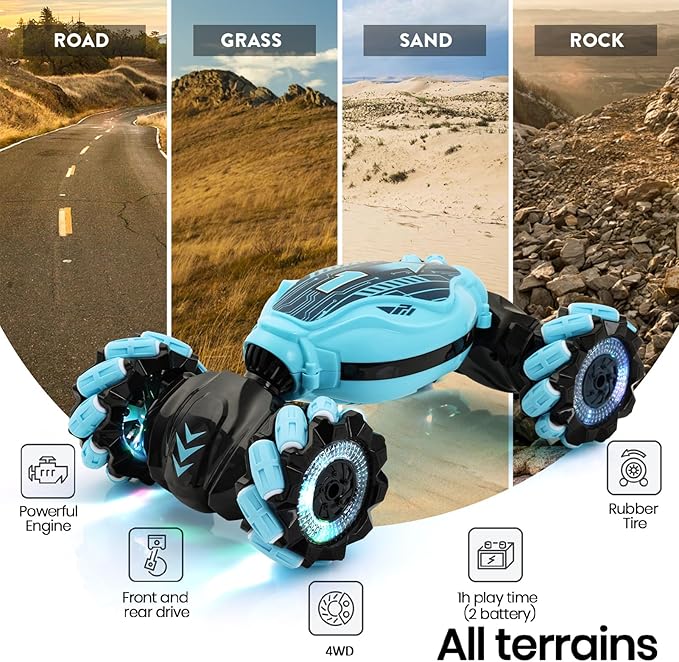 GILI Gesture Sensing RC Stunt Car - Hand Controlled Remote Control Twist Car for Boys Girls 6-12 4WD All Terrain Drift Toy 360° Flips Spring Break &amp Easter Birthday Gift for Kids Age 7 8 9 10 1