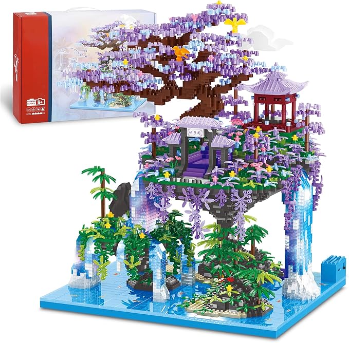 Chinese Moon Palace Pavilion Building Blocks Set - Micro Miniature Bonsai Tree House with String Lights and Flowers for Adults Teens 14+ (4574 Pieces)