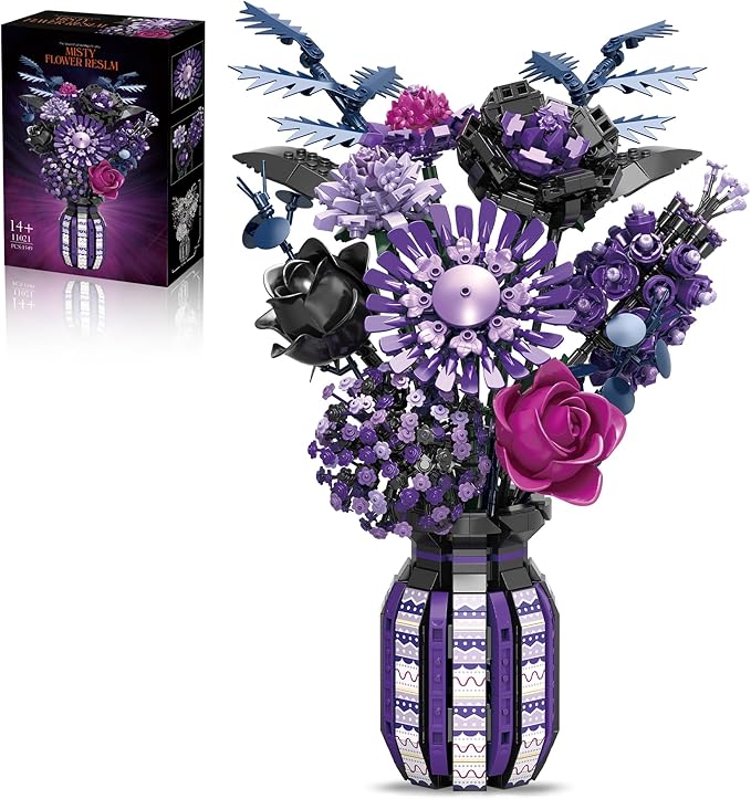 Flowers Building Set Compatible with Lego Flowers Purple Bouquet Plant with Vase Botanical Collection for Adults &amp Women &amp Girl 14+