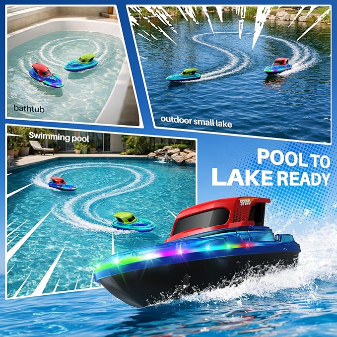 SYMA 2 Pack RC Boats for Kids Remote Control Boats for Pool 7-Mode LED Light Up &amp Water Spray Up to 40 Min Total (2 Batteries) 2.4GHz 164 ft Range Gift for Boys &amp Girls