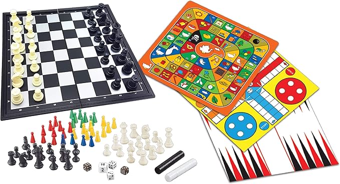 LEXiBOOK 8-in-1 Games Set Chess Checkers Backgammon Chinese Checkers Nine Men's Morris Snakes &amp Ladders Goose Ludo 2-6 Players Ages 6+