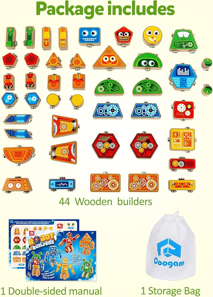 Coogam Snap Together Robot Builders for Toddlers Wooden Take Apart Robot Build Block Playset Fine Motor Skill STEM Educational Montessori Toy Gift for 3 4 5 Years Old Kids