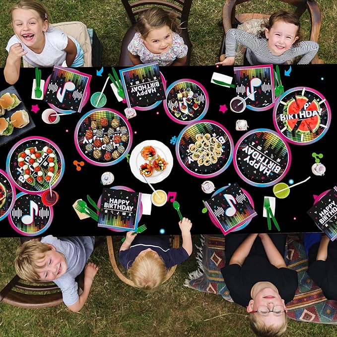 Music Party Supplies Disposable Paper Plates Napkins Cups Tablecloth and Banner for Girls Boys Music Party Birthday Decorations Serve 25.