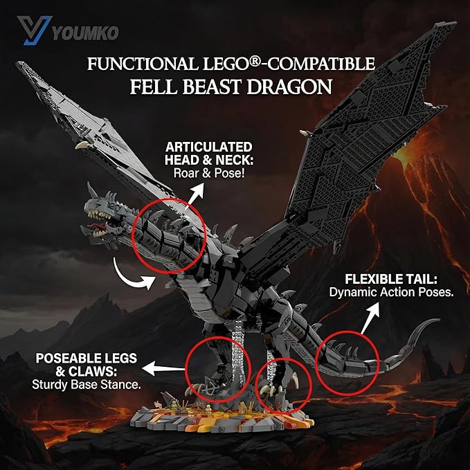 The Rings Dark Fantasy Giant Dragon with Witch King Figure Building Blocks Set - 80cm Large Scale Black Dragon with Lava Nest Base &amp Detailing for Adults 14+ (2199 Pieces)