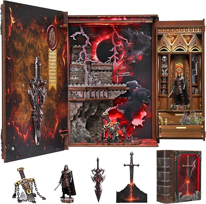 Magic Book Nook Building Set with Lights DIY Booknook Building Model Kit for Home Bookshelf Decor Miniature House Building for Adults Teens (The Sword of Fire)