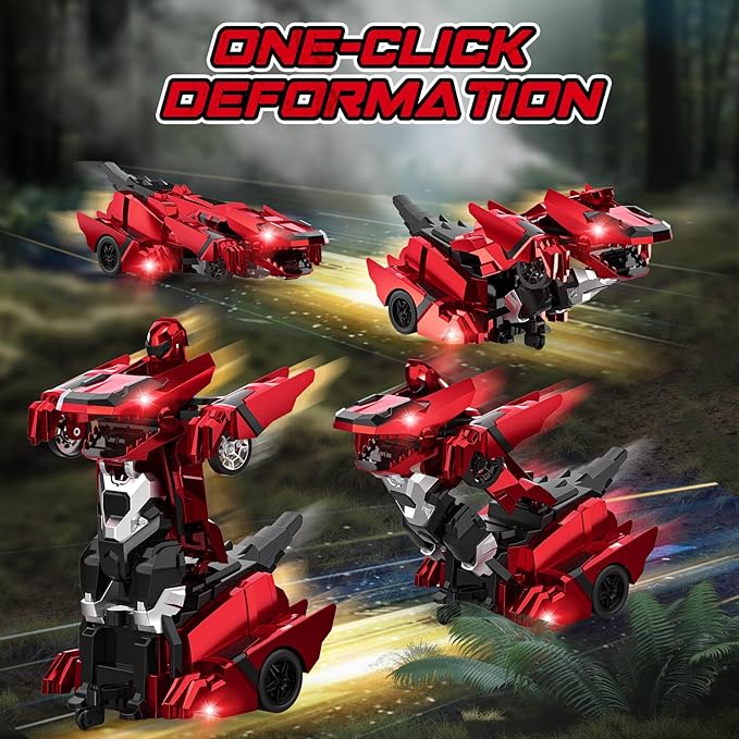 Dinosaur Transform Rc Cars 2.4Ghz Remote Control Car Transforming Robot with Flashing Light 360° Rotation One Button Deformation Car Toy Gifts for Boys Age 4-7 8-12