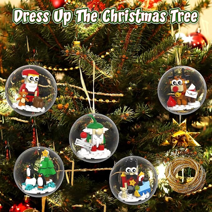 Christmas Tree Ornaments Building Blocks Christmas 2025 Christmas Decorations Ball Toys Included Santa Reindeer Nutcracker Gnome Penguin Xmas Ornaments for Indoor Outdoor 5packs