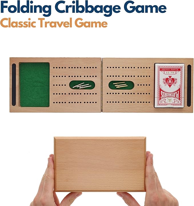 WE Games Solid Wood 2 Track Foldable Travel Cribbage Set with Storage Includes Cards &amp Metal Pegs Compact and Convenient for Travel Board Games for Adults 15 inches