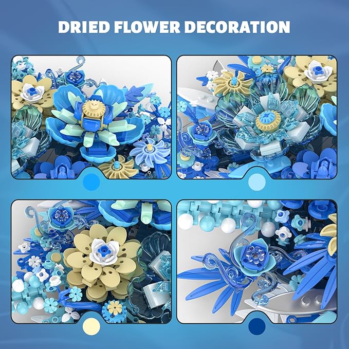 Blue Flowers Bouquet Building Sets Artificial Flower Botanical Collection Home Decor Office Wall Art Plant Decoration Building Toys Gifts for Adults Women and Kids Girls Age 8-12 (917 PCS)