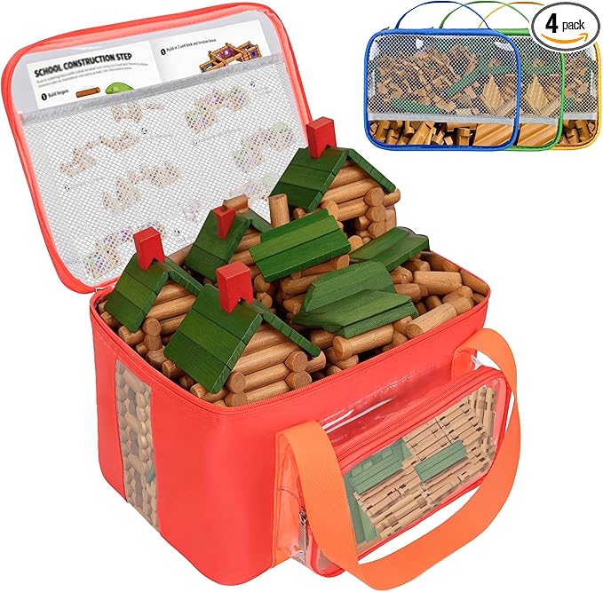 4 Pack Wooden Building Blocks Storage Bags Compatible with Wondertoys 530 Pcs Wooden Logs Set Toy Organizer with Clear PVC Window Mesh Pocket &amp Handles for Wooden Logs Blocks &amp Accessories