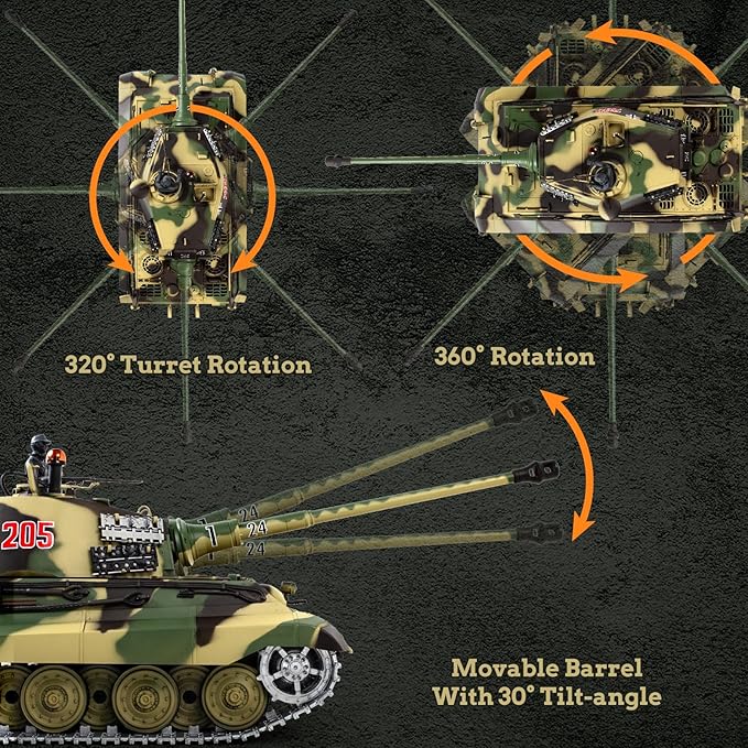 1/16 RC Tank Heng Long German King Tiger model Army Toy with Smoke Sound Light 2.4G Remote Control Tank That Shoot with Upgraded Metal Track Idler and Sprocket Wheel Steel Gearbox Two Batteries