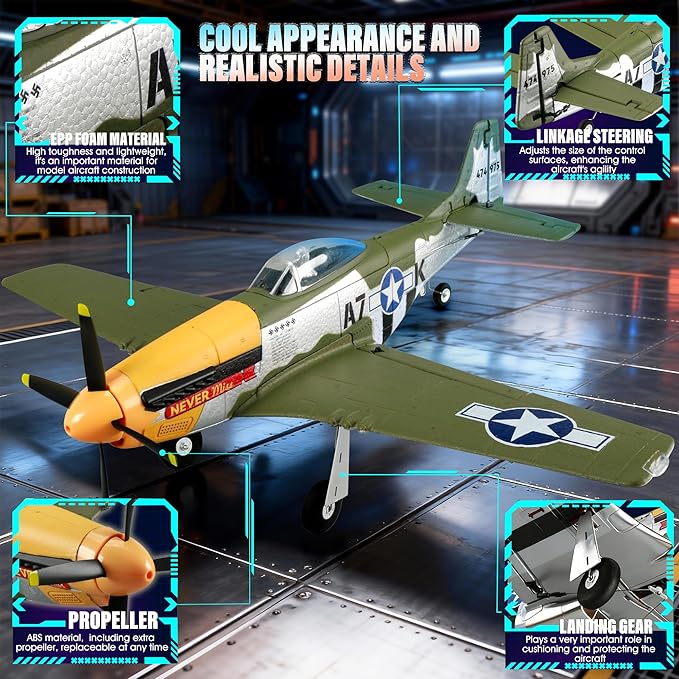 RC Plane 5 Channel P51D Mustang 510mm RC Airplane with 3D Aerobatic and 6-Axis Gyro 1406 Brushless 2.4GHz Radio RC Planes for Adult and Beginners with Spare Propeller (Regular Version- 1 Battery)
