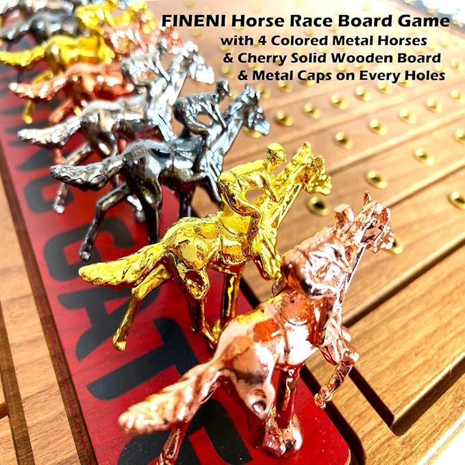 Horse Racing Game for Adults Horse Race Board Game with 11 Luxurious Metal Horses (Gold Silver Black Rose Gold) 22” Cherry Wood Horse Race Game Board Dice &amp RoseGoldCard Included (Cherry)
