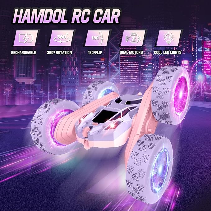 Remote Control Car Double Sided 360°Rotating 4WD RC Cars with Sparkling LED Wheels 2.4GHz Electric Race Stunt Toy Car Rechargeable Toy Cars for Boys Girls Birthday Valentines Gift
