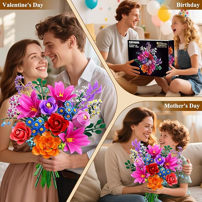 Flowers Bouquet Building Set with LED Light 21 Flower Botanical Collection Block Toy Rose Home Plant Decor 1054PCS for Her Adults Women Mom Kids Girls 12+ (RED)