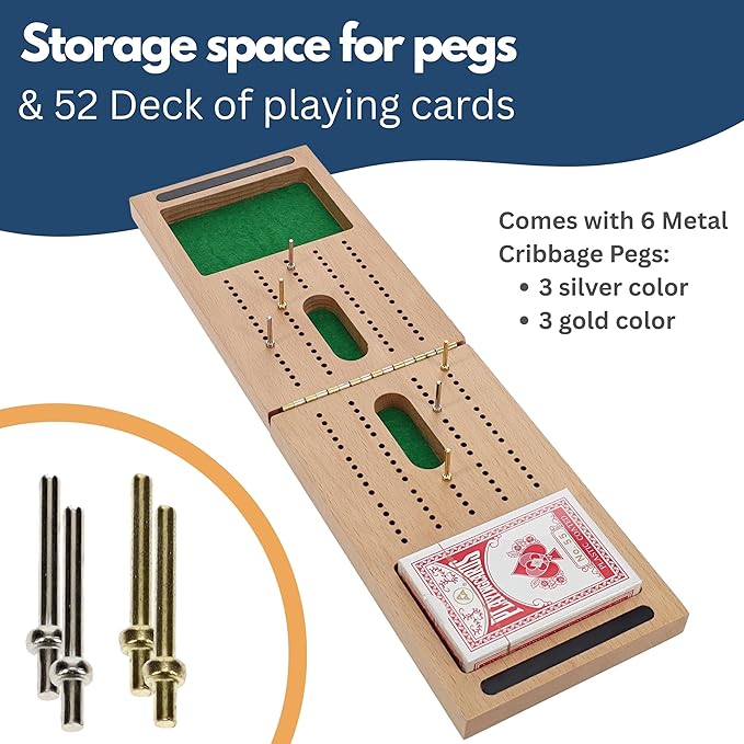 WE Games Solid Wood 2 Track Foldable Travel Cribbage Set with Storage Includes Cards &amp Metal Pegs Compact and Convenient for Travel Board Games for Adults 15 inches