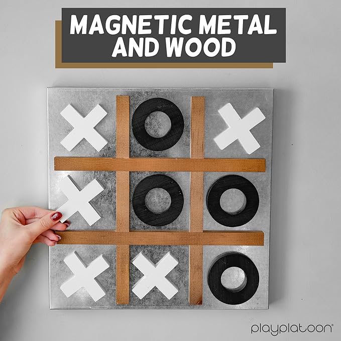 Play Platoon Metal &amp Wood Magnetic Tic Tac Toe Wall Mounted Games - 13.5 Inch Table Top Playroom Decor or Wall Mounted Room Decor - Rustic Board Game Room Accessories