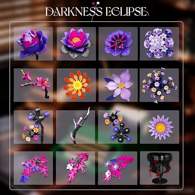 Purple Flowers Building Set Rose Bouquet Black Compatible with Lego Botanical Collection Gothic for Adults Women Home Office Decor