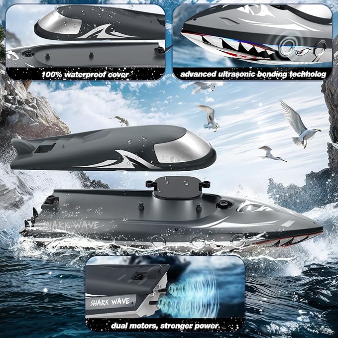 Shark RC Boat for Kids &amp Adults2.4GHz High Speed Remote Control Racing Boat W/ Dual Battery 50 Min RuntimeWaterproofFast Remote Control Toy Gift Kids 8-12 Ideal for Pools &amp LakesRealistic