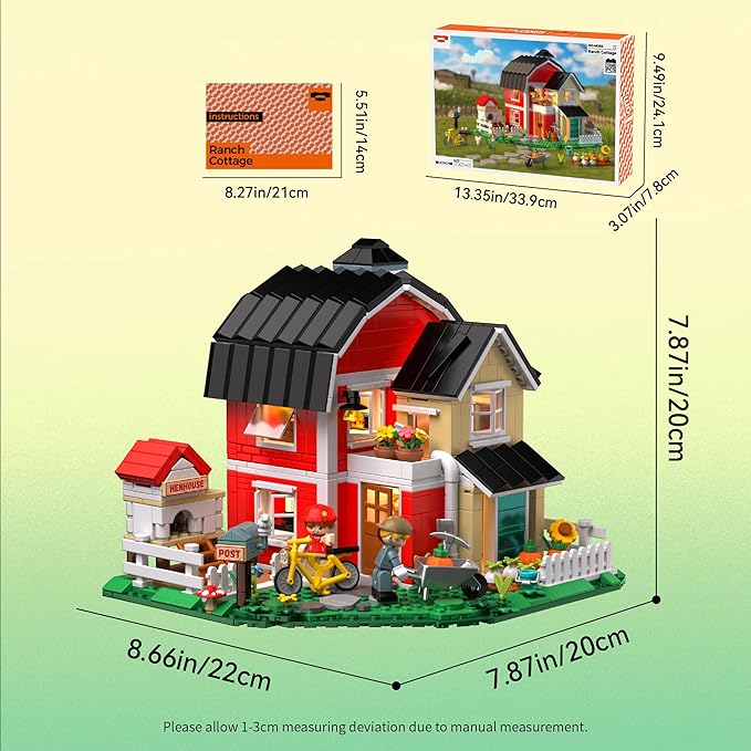 Country Farm House Building Set 1268PCS Toy Building Blocks Set Model Building Kits Rural Villa with Flowers Animals Home Office Decor Christmas Birthday Gift for Adults Teen Kids Ages 8+