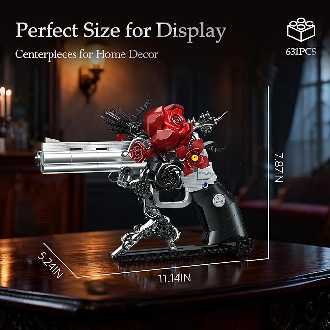 Gothic Rose Revolver Building Kit - Dark Romantic Fusion of Blood-Red Roses Twisted Thorns &amp Industrial Gears Movable Barrel Cylinder &amp Trigger Gifts Collection for Gothic Art Devotees