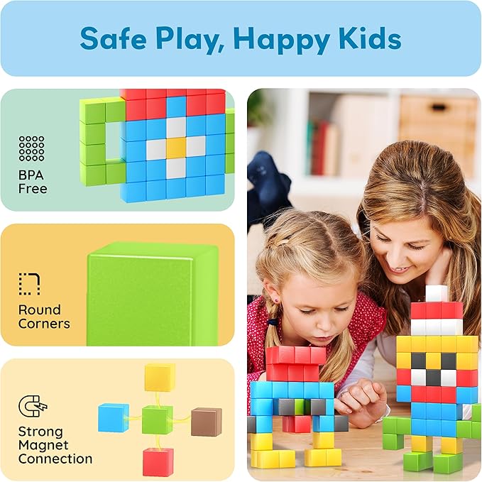 PicassoTiles 102pcs Pixel Magnetic Puzzle Cube 1” Pixel Mix &amp Match Toys with Ideabook STEM Education Learning Building Block Magnets Construction ToySet Stacking Creative Kit for Kids Age 3+ PMC1