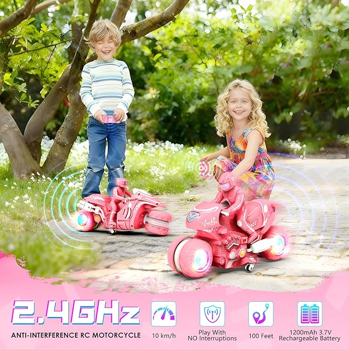 Remote Control Motorcycle for Girls with RGB Wheels Lights RC Motorbike Toy 360° Rotations 55 Min Play Stunt Motocross with Rider 2.4Ghz RC Dirt Bike Birthday Xmas for Girls 4-12 (Pink)