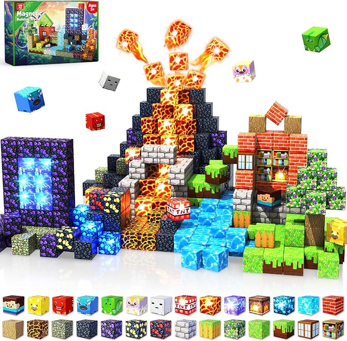 150 pcs 0.8inch Magnetic Blocks with 24 Light Blocks - Easter Toys for Kids Boys and Girls Magnetic Building Blocks Cubes Stacking Magnets Birthday Gifts for Boys and Girls Age 3+ Years Old