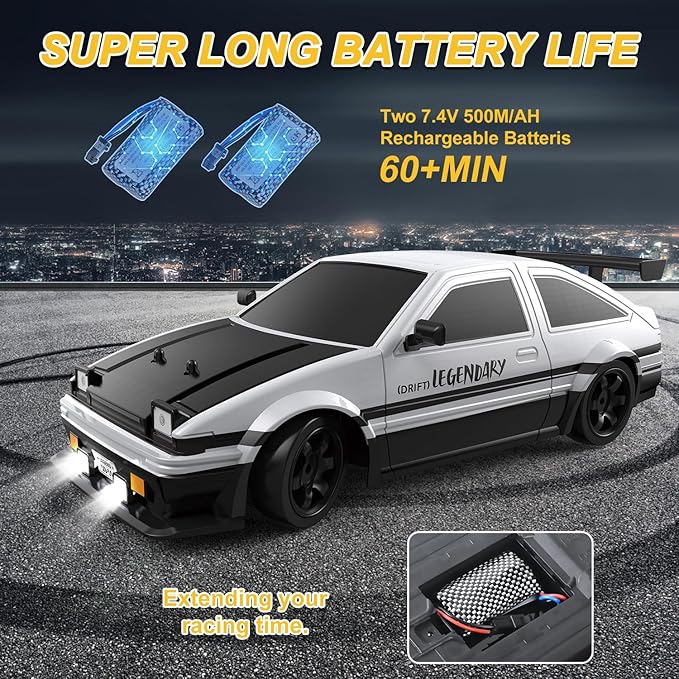 Mostop RC Drift Car 1:16 2.4Ghz Remote Control Drift Car with LED Light Spray 2 Batteries and Extra Tires 18KM/H High Speed Drifting RC Cars 4WD Hobby RC Sport Racing Cars Model Vehicle for Kids