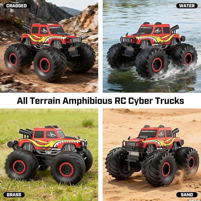 WayEee Remote Control Car Toys for Kids 6+ RC Car Waterproof Monster Truck Toys Amphibious 4X4 Pickup All Terrain Off-Road Vehicles 2.4GHz Remote Control 1/18 Scale RC Truck Boys Gifts/Red