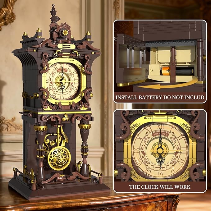 Vintage Swing Clock Building Blocks Set Real Working Moving Pendulum &amp Rotating Dial Mechanical Building Blocks Toys Gift for Adults Teens Girls Boys 12+ Retro Steampunk Home Decor