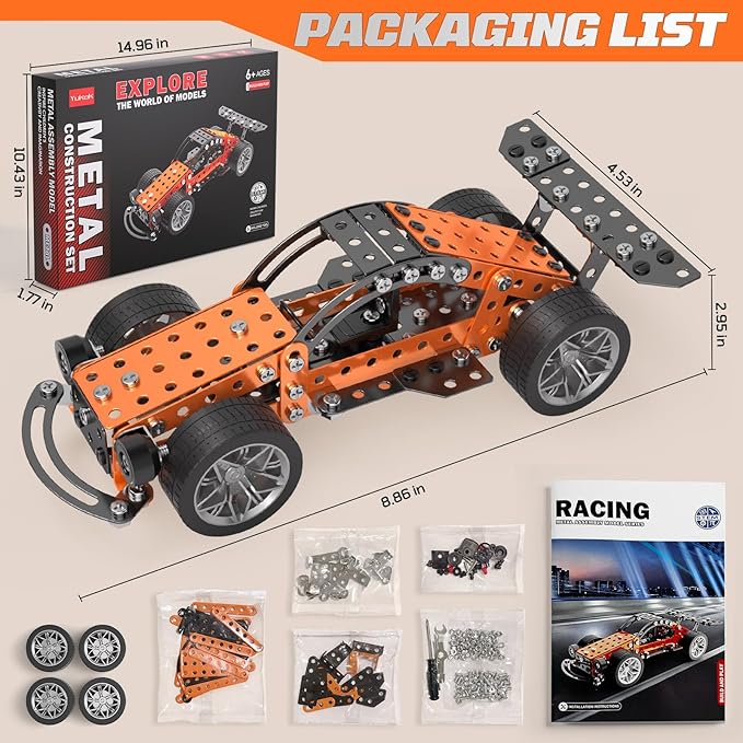 Metal Building Set Race Car Construction Kit Educational STEM Toy with Wheels Orange and Black