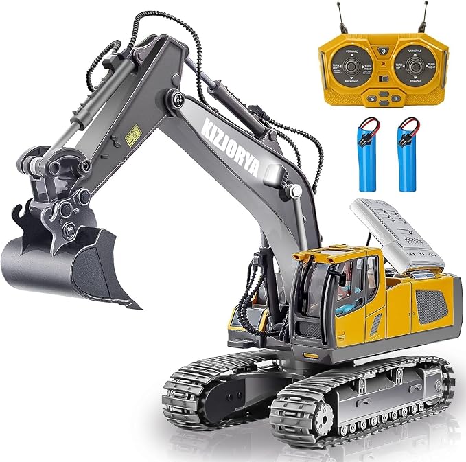 Remote Control Excavator Toys for Boys Age 6-12 Rechargeable 11 CH RC Construction Vehicles Truck with Sound Light Metal Shovel Birthday for Kids 7 8 9 10+ Year Old(2.4 GHz)