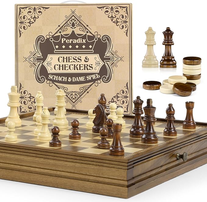 Peradix Magnetic Chess Checkers Board Sets with 2 Built-in Storage Drawers15 Classic 2 in 1 Wooden Games with 2 Extra Queens for Kids and AdultsTravel Portable Chess Game Set