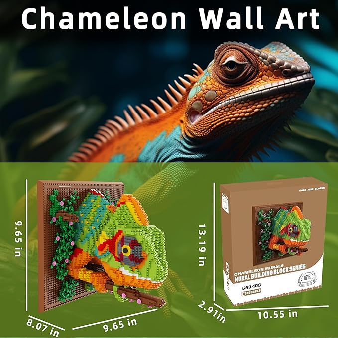 3D Wall Art Chameleon Mini Building Blocks Set - Cute Animal Mural Micro Building Block Bricks Craft Kit Creative Ideals Toy for Kid Adult Collectible Architecture Decoration Party Favor 2688PCS