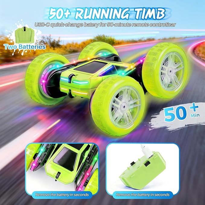 Remote Control Car Rc Cars Stunt RC Crawler Toys 4WD 360° Rotating with LED Light-Up Wheels &amp Remote Control for 6-12 for Boys Birthday Gift (Green)