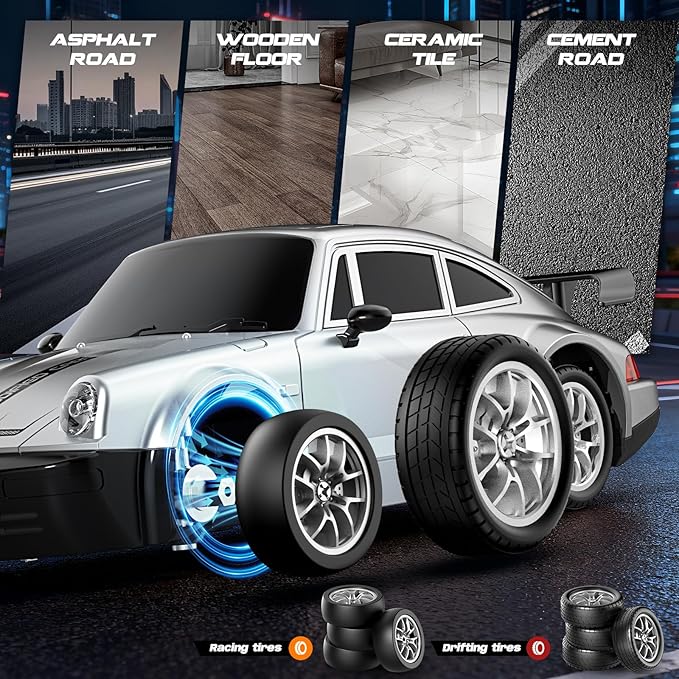 RC Drift Car 1:24 Scale Remote Control Car with LED Lights 20KM/H 4WD High Speed RC Cars Racing and Drifting Dual-Mode Toy Car Idea Gift for Adults and Kids Silver