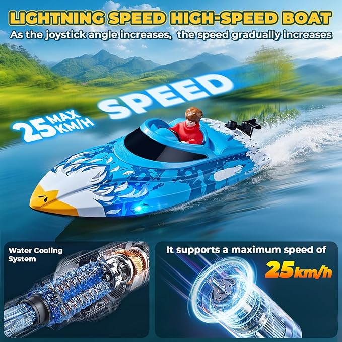 25KMH RC Remote Control Boat with LED Lights Self-Righting Low Battery Alert 2.4GHz with 800 mAh Lithium battery Waterproof Electric Fast Speed Boat for Pool &amp Lake Toy for Boys Girls Blue