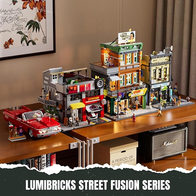 Record Store Lighting Building Bricks Set - Street Fusion City Town Audio Shop Multi-Form Modular Collection Kit 1980 Pcs for Adults &amp Teen &amp Music Lovers