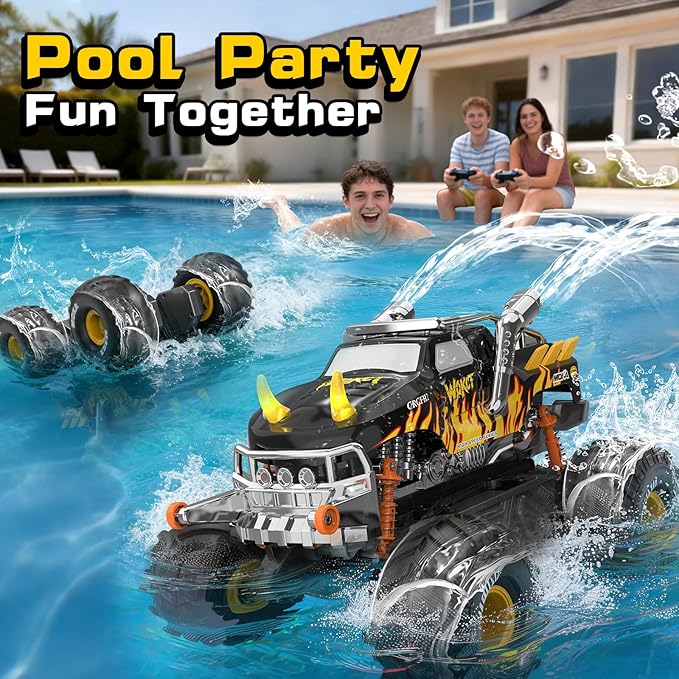 1:16 Waterproof Monster Truck Toys RC Car Amphibious rc Cars Water Blaster Trucks 60+ Min Runtime with 2 Batteries 360 Spin 4WD All Terrain Off-Road Pickup Toy for 4-12 Year Old Kids Gifts Presents