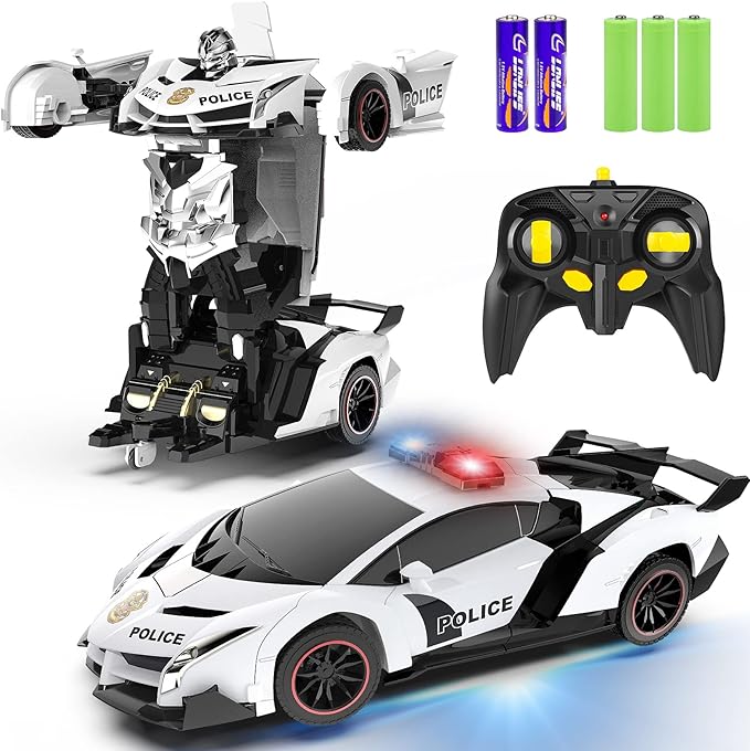 FDJ Remote Control Car - Transform Toys Car Robot One Button Deformation to Robot with Flashing Light 2.4Ghz 1:18 Scale Transforming Police Car Kids Toys with 360 Degree Rotating Girls Boys Toys