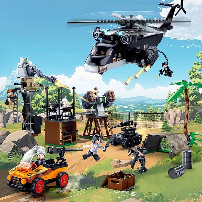 City SWAT Building Set - 7 Minifigures Helicopter Police Car &amp 830 Pieces - Compatible with Lego City Police Station - Gift for Boys &amp Girls Aged 6+