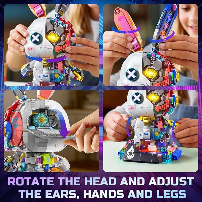 PIKARO Mechanical Bunny Rabbit Building Set for Boys Girls - Collection Animal Punk Style Toy Model Kit with LED Light Easter Halloween Birthdays Gift for Teens Kids Age 8 12 14（1377PCS）
